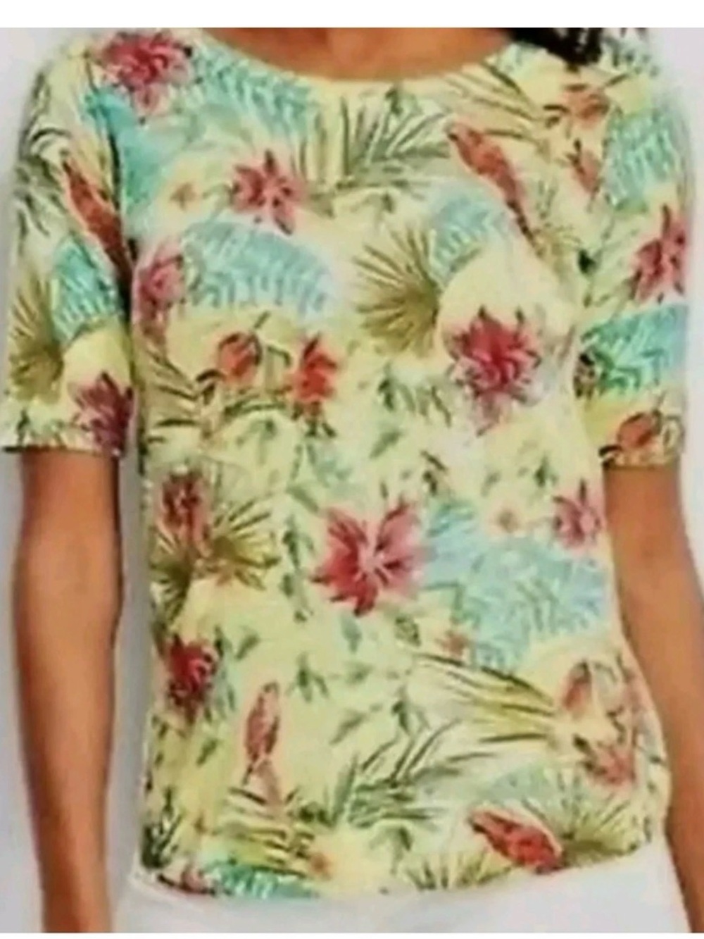 Talbots Yellow Tropical Print Short-Sleeved Sweater Floral Parrots Large Petite
